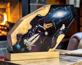 Galaxy Resin Lamp, Space Epoxy Wood Lamp, Astronaut Night Light, Sci Fi Decor, Handmade Resin Art, Cosmic Lamp