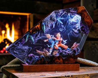 Anime Resin Lamp Dragon Ball Inspired LED Night Light, Goku vs Vegeta Epoxy Diorama, Gamer Room Decor Gift
