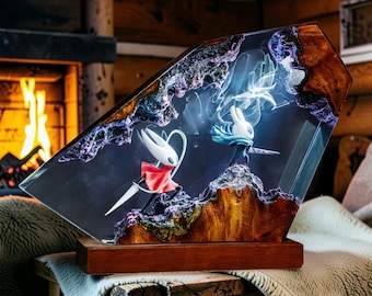 Hollow Knight Silksong Resin Lamp, Quirrel & The Knight LED Art, Epoxy Wood Night Light, Gamer Room Decor Gift