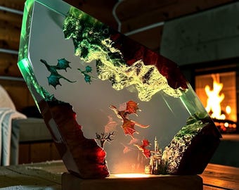 Dragon Resin Lamp Fantasy Night Light, LED Dragon Diorama, Handmade Epoxy Resin Art, Gothic Home Decor, Dragon Lover Gift