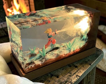 Dragon Ball Z Resin Lamp, Anime Epoxy Diorama, Goku Kamehameha Night Light, DBZ LED Display, Handmade Manga Decor