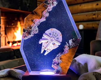 Star Wars Millennium Falcon Resin Lamp, Spaceship Night Light, Sci Fi Decor, Epoxy Wood LED Desk Lamp Gift