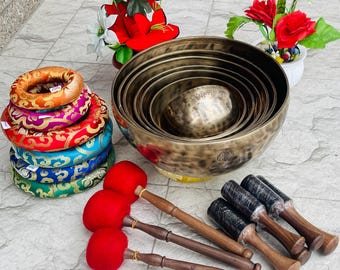 Juego de cuencos tibetanos de luna llena hechos a mano: 7 cuencos de metal para la sanación con sonido.