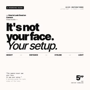 Könnte beinhalten: Ein weißes Dokument mit dem Titel A Working Guide, How to Look Good on Camera Field Guide, mit dem Text It's not your face. Your setup. Unterüberschriften sind Height, Distance, Eyeline und Light. Das Dokument ist als LG-01 Edition Three markiert.