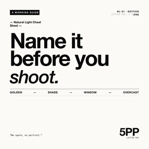May include: A white informational guide titled Natural Light Cheat Sheet with black text. It features the phrase Name it before you shoot, followed by the words GOLDEN, SHADE, WINDOW, and OVERCAST. The bottom left includes the text No spark, no portrait.