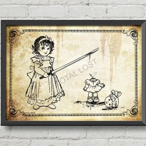 Vintage Poster,Mädchen spielen mit ihrer Puppe,Gothic Art,Gothic Dekor,Ornamente,dunkle Kunst,Horror Kunst,Horror Poster,gothic Wand Kunst