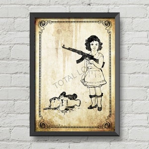 Niña jugando con su osito de peluche, impresión vintage, arte gótico, decoración gótica, vintage, arte oscuro, póster de terror, póster de calaveras, arte de terror, arte de pared gótico