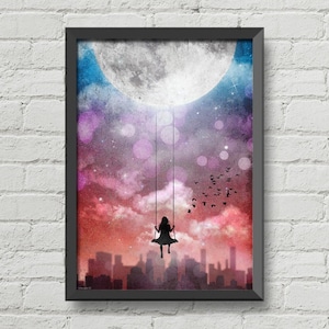 Swinging on the moon,Original Kunstwerk,Mond Poster,Digitaldruck,Silhouette Mädchen,Nacht,Sky,Art,Urban Art,Nacht,New York,Inspiration