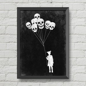 Póster gótico, globos de calaveras, arte original, impresión digital, póster de terror, blanco y negro, impresión de terror, decoración gótica, decoración de pared, decoración del hogar, arte