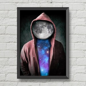 Moon poster,man cave art,Space print,soreal art,gift ideas,galaxy poster,home decor,wall decor,geeky gift ideas,original artwork,space art