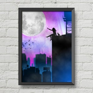 The moon,The girl and the city,original artwork,Moon art,NYC poster,night scene,city landscape,digital artwork,new york poster,wall art,