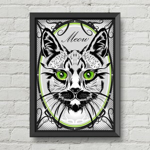 Puede incluir: Una ilustraci&oacute;n en blanco y negro de la cara de un gato con ojos verdes, enmarcada en un marco ovalado decorativo con la palabra "Meow" en el centro. El fondo es un patr&oacute;n de rayas grises y blancas.