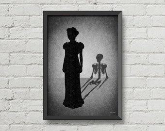 Gothic decor,Skeleton shadow,Gothic artwork,gothic print,wall decor,home decor,silhouettes art,black and white art,gothic art,horror print