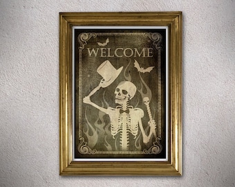 Welcome sign,skulls poster,skulls decor,home decor,skulls art,gothic art,gothic decor,housewarming gift,gothic gift ideas,horror gifts ideas