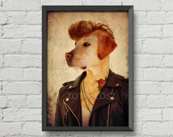 Hipster dog,Original artwork,labrador retriever poster,dog lover,wall art,wall decor,old school tattoo,leather jacket,humanized dog,hipster