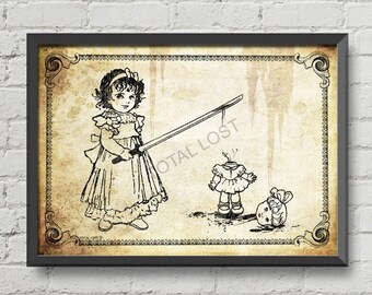 Girl playing with her doll,vintage poster,gothic art,gothic decor,ornaments,dark art,bloody art,horror art,horror poster,gothic wall art