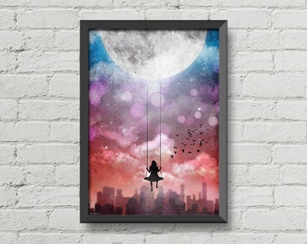 Swinging on the moon,original artwork,moon poster,digital print,moon art,silhouette girl,night,sky,art,urban art,night,new york,inspiration