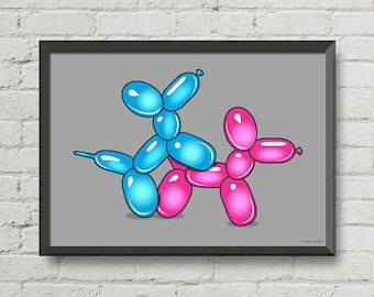 Dogs balloons , dogs prints , dogs poster , wall art , pink balloon , blue balloon , humorous print , home decor , funny poster , love print