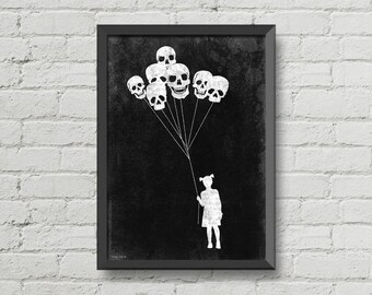 Gothic poster,Skulls balloons,Original art,digital print,horror poster,black and white,horror print,gothic decor,wall decor,home decor,art