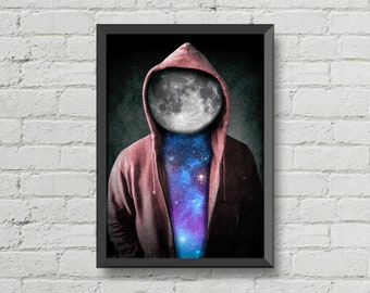 Moon poster,man cave art,Space print,soreal art,gift ideas,galaxy poster,home decor,wall decor,geeky gift ideas,original artwork,space art