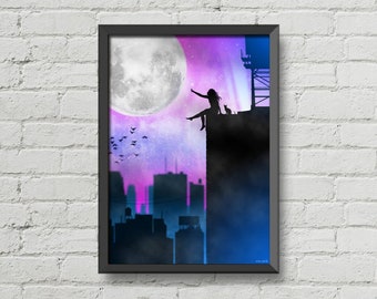 The moon,The girl and the city,original artwork,Moon art,NYC poster,night scene,city landscape,digital artwork,new york poster,wall art,