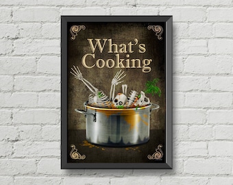 Gothic decor,What's cooking,kitchen poster,kitchen decor,home decor,skulls art,skeletons art,Gothic poster,Goth art,kitchen wall art