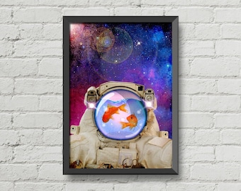 Astronaut prints,Gold fish poster,space Poster,space art,Astronaut poster,space print,galaxy prints,home decor,geeky gift ideas,wall decor