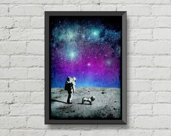 Astronaut poster,original art,space poster,space print,moon poster,galaxy print,home decor,wall decor,man cave art,Astronaut print,dog print