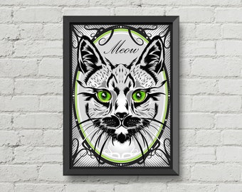 Meow,Cat illustration,cat poster,cat decor,cat decoration,wall art,home decor,cat eyes,cat prints,black and white art,original artwork