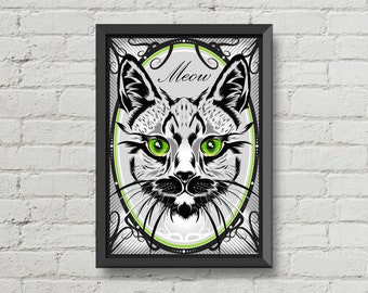 Meow,Cat illustration,cat poster,cat decor,cat decoration,wall art,home decor,cat eyes,cat prints,black and white art,original artwork