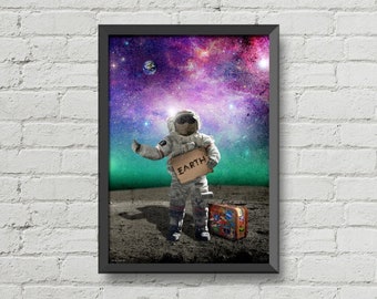 The Astronaut hitchhiker,Astronaut print,space prints,geeky art,galaxy prints,home decor,moon art,Astronaut prints,moon prints,space poster