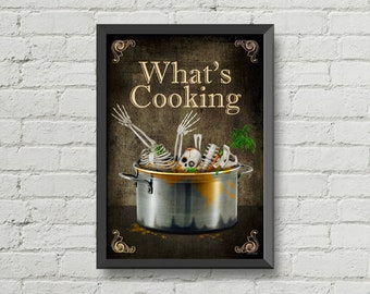 What's cooking,poster,wall decor,kitchen decor,kitchen art,home decor,Halloween decor,skulls art,skeletons art,digital print,Gothic decor