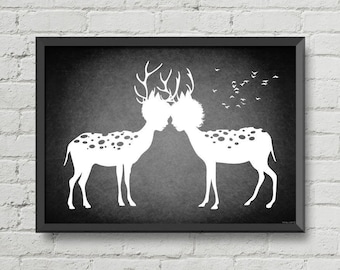 Gothic decor,I love you my deer,gothic art,gothic print,black and white,romantic art,home decor,wall decor,goth art,man cave art,dark art