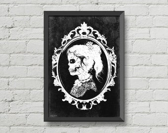 Gothic wall art,Skull girl,vintage decor,victorian poster,black and white art,Horror poster,macabre art,christmas gift,Gothic wall decor