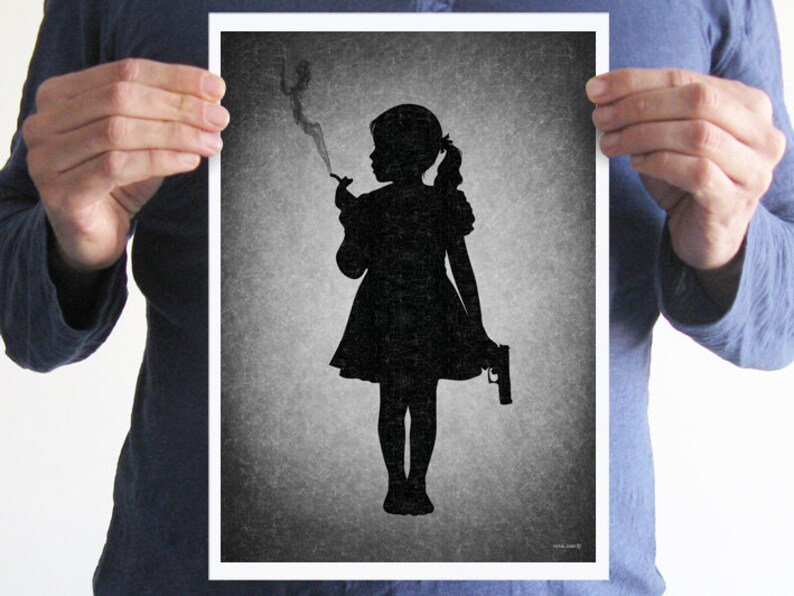 May include: Black and white silhouette of a girl holding a gun and smoking a cigarette. The image is on a textured gray background.