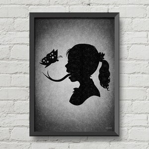 May include: Black and white silhouette of a girl with a long tongue reaching out to a butterfly with black and white wings.