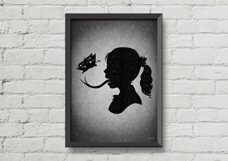 May include: Black and white silhouette of a girl with a long tongue reaching out to a butterfly with black and white wings.