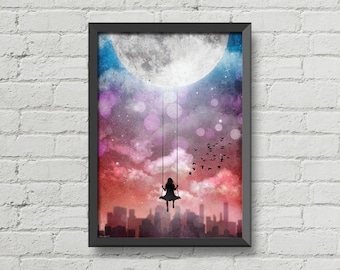Niña balanceándose en la luna, decoración de habitación de niñas, arte lunar, póster de Nueva York, Nueva York, impresión inspiradora, ideas de regalos para niñas, decoración del hogar, regalos