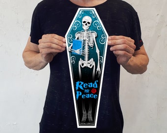 Read in Peace,coffin shape poster,gothic decor,skulls decor,skulls poster,book decor,gothic art,library decor,library room,wall decor,art