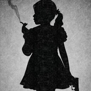 May include: Black and white silhouette of a young person holding a cigarette in one hand and a gun in the other. The background is a textured gray surface.