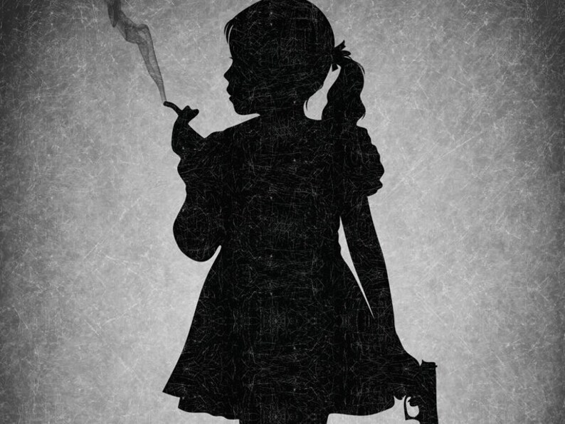 May include: Black and white silhouette of a young person holding a cigarette in one hand and a gun in the other. The background is a textured gray surface.