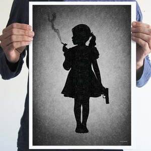 May include: Black and white silhouette of a girl smoking a cigarette and holding a gun. The image is on a textured gray background.