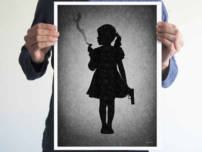 May include: Black and white silhouette of a girl smoking a cigarette and holding a gun. The image is on a textured gray background.