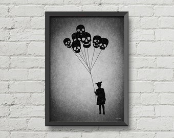 Gothic decor,Skull balloons,Gothic artwork,Gothic art,wall decor,skulls art,silhouettes art,black and white art,gothic art,horror poster