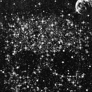 May include: Black and white illustration of a starry night sky. The image features a dense cluster of stars, with many bright, sparkling points of light. A crescent moon is visible in the upper right corner, adding to the celestial theme.