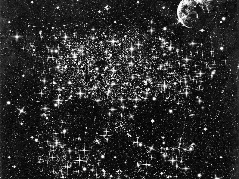 May include: Black and white illustration of a starry night sky. The image features a dense cluster of stars, with many bright, sparkling points of light. A crescent moon is visible in the upper right corner, adding to the celestial theme.