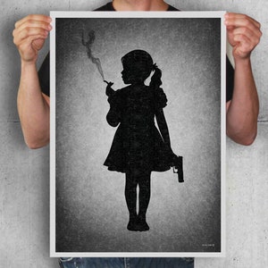 May include: Black and white silhouette of a girl holding a gun and smoking a cigarette. The image is on a textured gray background.