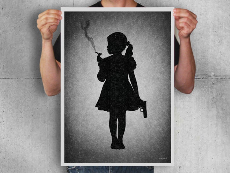 May include: Black and white silhouette of a girl holding a gun and smoking a cigarette. The image is on a textured gray background.