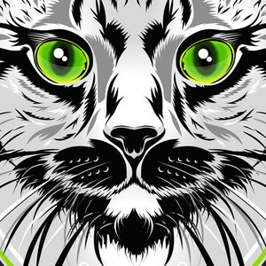 Puede incluir: Primer plano de una ilustraci&oacute;n en blanco y negro de la cara de un gato con ojos verdes. Los bigotes del gato son visibles y el fondo es un dise&ntilde;o abstracto gris y verde.