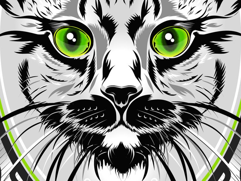 Puede incluir: Primer plano de una ilustraci&oacute;n en blanco y negro de la cara de un gato con ojos verdes. Los bigotes del gato son visibles y el fondo es un dise&ntilde;o abstracto gris y verde.